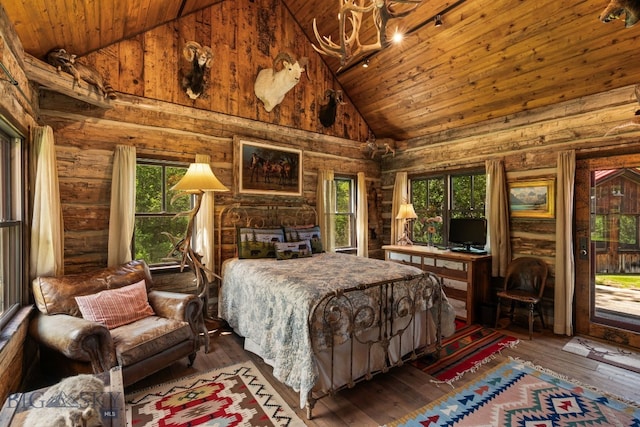 207 Martinez Spring Rd, Bozeman, MT 59718 - bedroom featuring high vaulted ceiling, wooden ceiling, multiple windows, hardwood / wood-style flooring, and access to outside