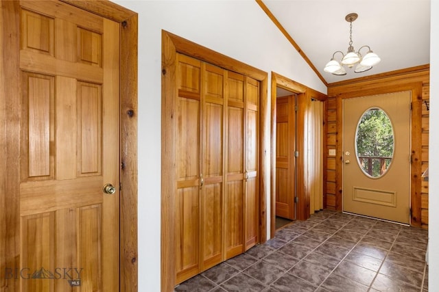 2 Eight Mile Creek Rd, Ennis, MT 59729 - entryway with vaulted ceiling and a chandelier