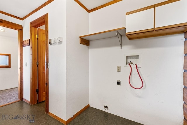 2 Eight Mile Creek Rd, Ennis, MT 59729 - washroom featuring washer hookup, cabinet space, ornamental molding, and hookup for an electric dryer