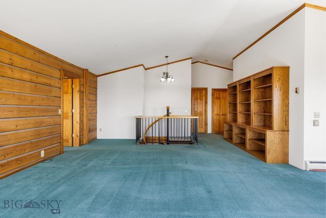 2 Eight Mile Creek Rd, Ennis, MT 59729 - carpeted spare room featuring lofted ceiling, baseboard heating, a chandelier, and crown molding