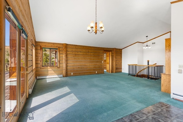 2 Eight Mile Creek Rd, Ennis, MT 59729 - unfurnished living room featuring a chandelier, carpet floors, a baseboard heating unit, lofted ceiling, and wood walls