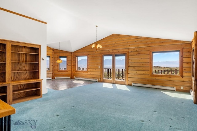 2 Eight Mile Creek Rd, Ennis, MT 59729 - unfurnished living room featuring baseboard heating, lofted ceiling, a baseboard radiator, plenty of natural light, and a chandelier
