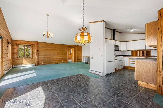 2 Eight Mile Creek Rd, Ennis, MT 59729 - kitchen featuring white appliances, a chandelier, high vaulted ceiling, wood walls, and white cabinets