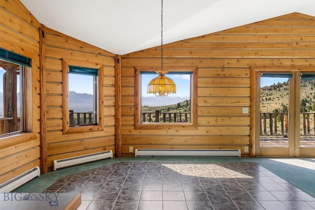 2 Eight Mile Creek Rd, Ennis, MT 59729 - unfurnished dining area with lofted ceiling, a baseboard heating unit, a baseboard radiator, a chandelier, and wooden walls