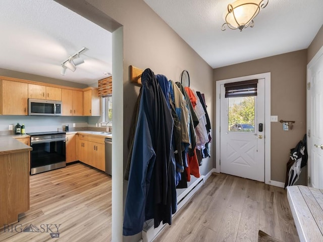 417 Firelight, Big Sky, MT 59716 - kitchen featuring stainless steel appliances, plenty of natural light, light countertops, light wood finished floors, and a textured ceiling