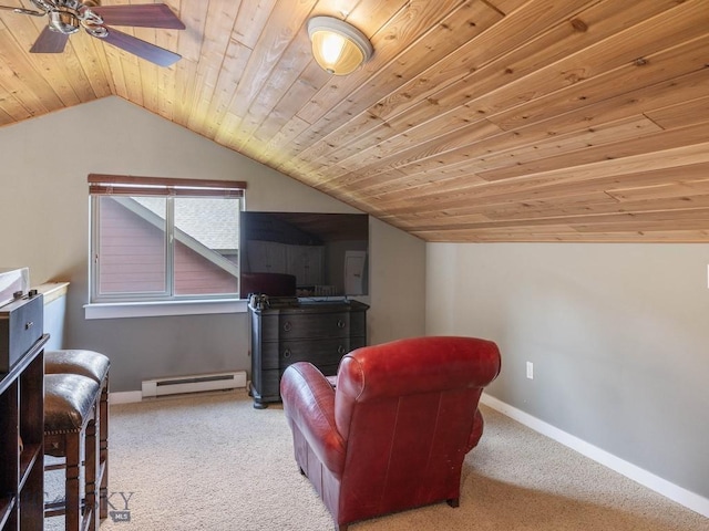 417 Firelight, Big Sky, MT 59716 - sitting room featuring a baseboard heating unit, lofted ceiling, a ceiling fan, carpet flooring, and wooden ceiling