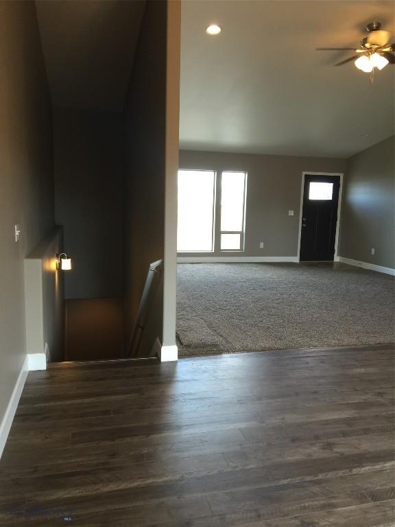 639 Avon Cir, Butte, MT 59701 - foyer entrance featuring a ceiling fan, dark wood-type flooring, recessed lighting, and lofted ceiling