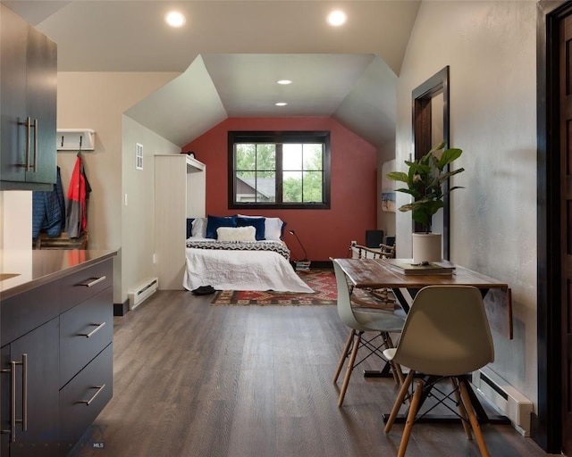 89 W Fieldview St, Bozeman, MT 59715 - bedroom featuring baseboard heating, dark wood finished floors, vaulted ceiling, and recessed lighting