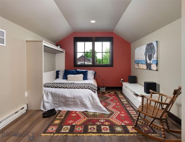 89 W Fieldview St, Bozeman, MT 59715 - bedroom featuring baseboard heating, wood finished floors, and lofted ceiling