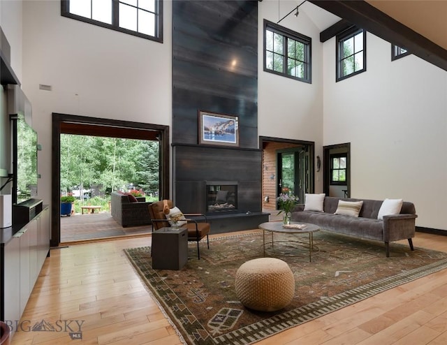 89 W Fieldview St, Bozeman, MT 59715 - living area featuring high vaulted ceiling, wood-type flooring, healthy amount of natural light, and a large fireplace