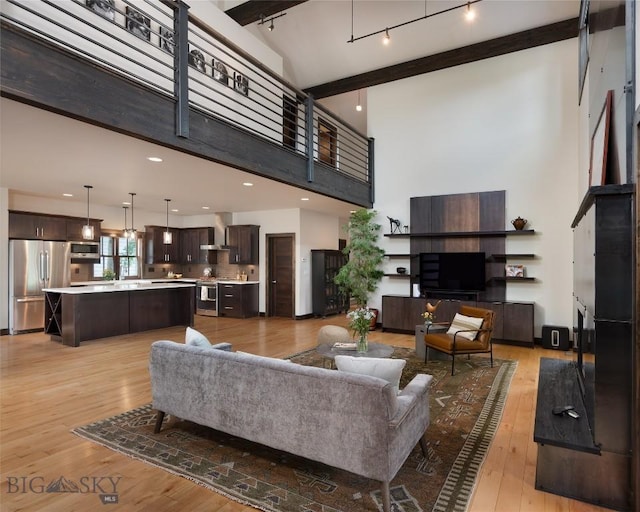 89 W Fieldview St, Bozeman, MT 59715 - living room with a towering ceiling, light wood-type flooring, track lighting, and beamed ceiling