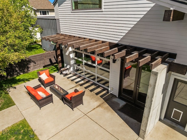 4412 Bembrick St, Bozeman, MT 59718 - view of patio with french doors and an outdoor living space with a fire pit