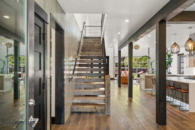 4412 Bembrick St, Bozeman, MT 59718 - staircase with hardwood / wood-style flooring and recessed lighting