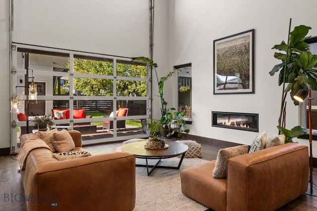 4412 Bembrick St, Bozeman, MT 59718 - living room featuring wood finished floors, a high ceiling, and a glass covered fireplace