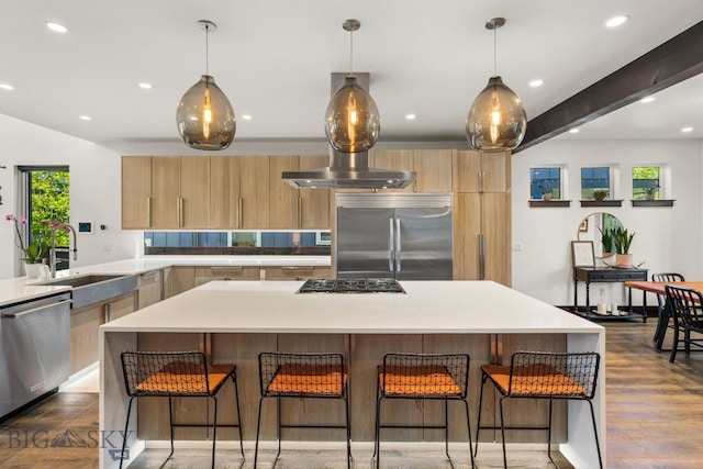 4412 Bembrick St, Bozeman, MT 59718 - kitchen featuring appliances with stainless steel finishes, modern cabinets, light brown cabinetry, dark wood-style floors, and light countertops