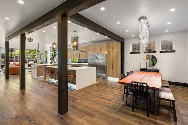 4412 Bembrick St, Bozeman, MT 59718 - dining area featuring beamed ceiling, dark wood finished floors, and recessed lighting