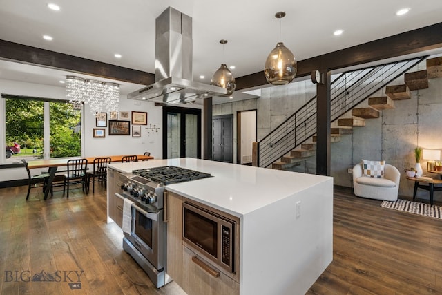 4412 Bembrick St, Bozeman, MT 59718 - kitchen featuring island exhaust hood, appliances with stainless steel finishes, dark wood-style floors, recessed lighting, and a center island