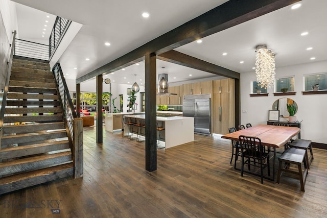 4412 Bembrick St, Bozeman, MT 59718 - dining space featuring stairs, beam ceiling, dark wood-type flooring, a chandelier, and recessed lighting