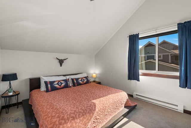 4412 Bembrick St, Bozeman, MT 59718 - bedroom featuring a baseboard radiator, lofted ceiling, and carpet flooring