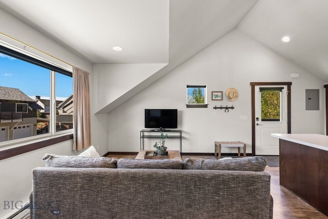 4412 Bembrick St, Bozeman, MT 59718 - living area featuring electric panel, recessed lighting, dark wood-style flooring, lofted ceiling, and a baseboard heating unit
