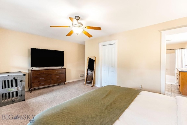 4619 Cascade St, Bozeman, MT 59718 - bedroom with light colored carpet, a ceiling fan, ensuite bathroom, and a closet