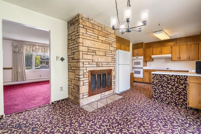 1721 S Willson Ave, Bozeman, MT 59715 - kitchen featuring white appliances, carpet, a baseboard radiator, under cabinet range hood, and light countertops