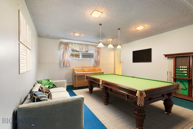 1721 S Willson Ave, Bozeman, MT 59715 - game room featuring pool table, a textured ceiling, a baseboard heating unit, and carpet floors