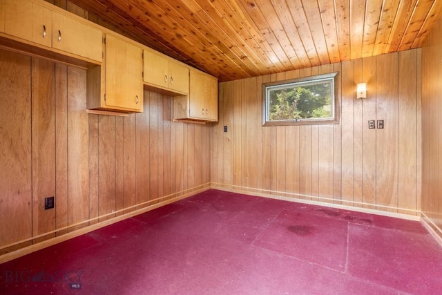 1721 S Willson Ave, Bozeman, MT 59715 - unfurnished room with wooden ceiling, dark colored carpet, and wood walls