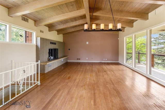 1416 W Gold St, Butte, MT 59701 - unfurnished living room featuring wood ceiling, wood finished floors, a fireplace, and a chandelier