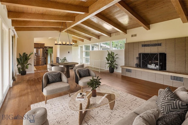 1416 W Gold St, Butte, MT 59701 - living room featuring wooden ceiling, wood finished floors, and a brick fireplace