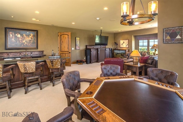 390 Hayrake Ln, Bozeman, MT 59715 - carpeted dining space with recessed lighting and a chandelier