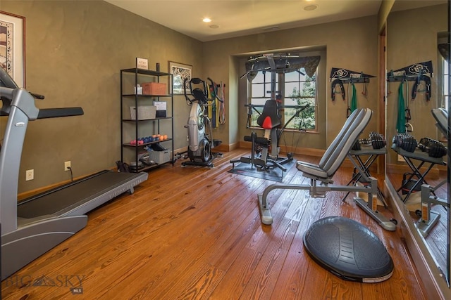 390 Hayrake Ln, Bozeman, MT 59715 - workout room with hardwood / wood-style flooring and recessed lighting