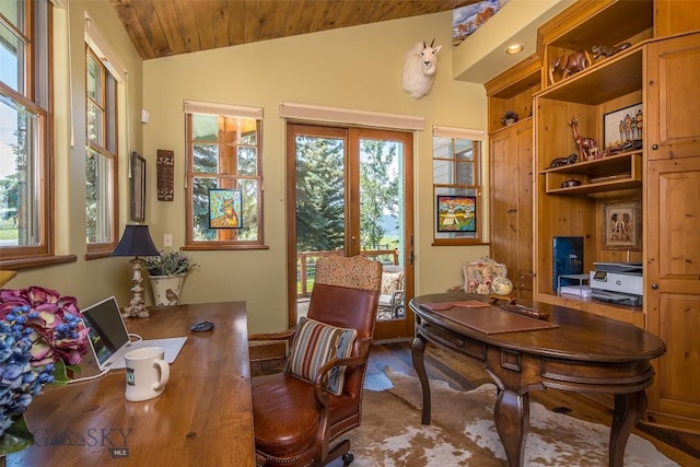390 Hayrake Ln, Bozeman, MT 59715 - office area featuring wooden ceiling, vaulted ceiling, built in features, and wood finished floors
