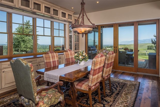 390 Hayrake Ln, Bozeman, MT 59715 - dining room with wood-type flooring, recessed lighting, a mountain view, and french doors