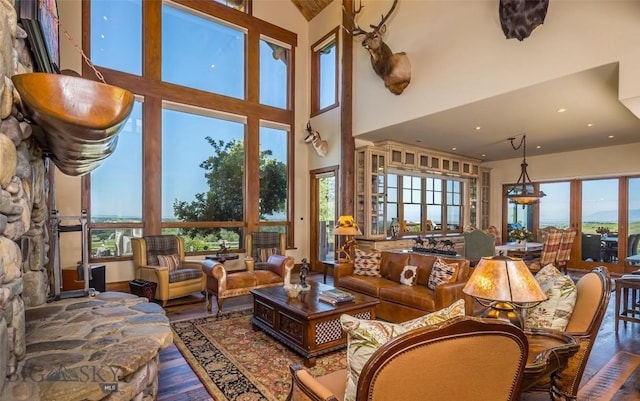 390 Hayrake Ln, Bozeman, MT 59715 - living room with a high ceiling, recessed lighting, and wood finished floors