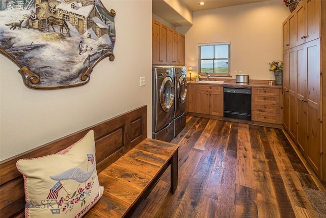 390 Hayrake Ln, Bozeman, MT 59715 - laundry area with washer and clothes dryer, dark wood-type flooring, cabinet space, and recessed lighting