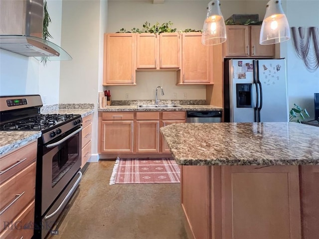 140 Village Crossing Way Unit 1J, Bozeman, MT 59715 - kitchen featuring stainless steel appliances, range hood, finished concrete floors, light brown cabinets, and light stone countertops