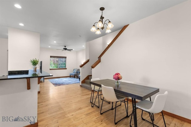 332 N Cottonwood Rd Unit F, Bozeman, MT 59718 - dining space featuring stairway, light wood-style floors, recessed lighting, a chandelier, and ceiling fan
