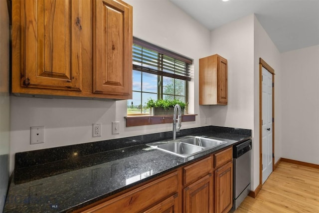 332 N Cottonwood Rd Unit F, Bozeman, MT 59718 - kitchen with stainless steel dishwasher, brown cabinetry, light wood-style flooring, and dark stone countertops