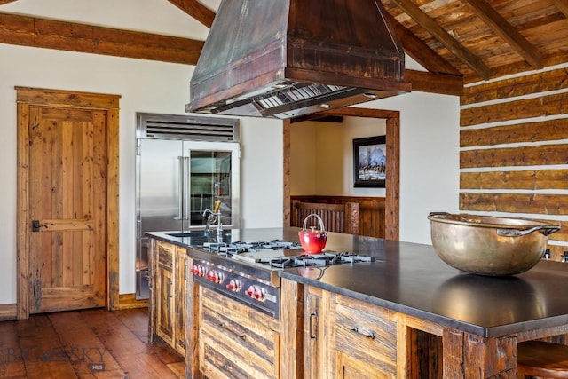 94 Sky Band Trl, Livingston, MT 59047 - kitchen with premium range hood, appliances with stainless steel finishes, dark wood-style floors, dark countertops, and wooden ceiling