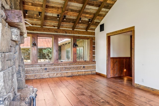 94 Sky Band Trl, Livingston, MT 59047 - unfurnished room with hardwood / wood-style floors, a wooden ceiling with exposed beams, and high vaulted ceiling