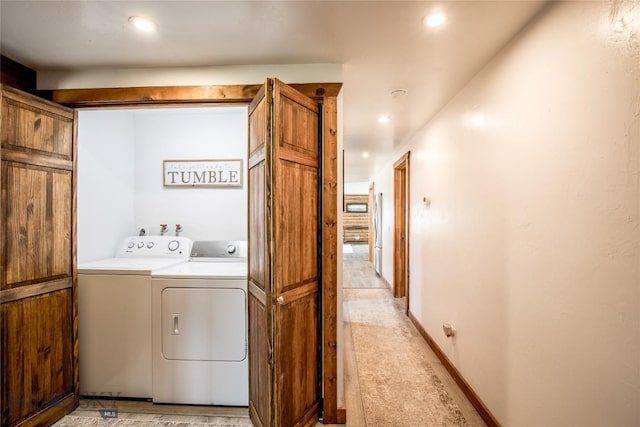 107 Antelope Meadows Rd, Ennis, MT 59729 - laundry area with independent washer and dryer, light carpet, and recessed lighting