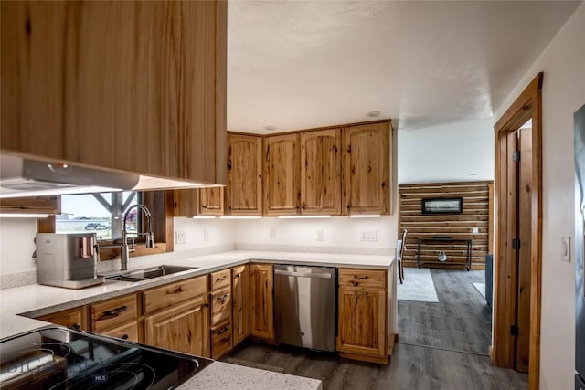 107 Antelope Meadows Rd, Ennis, MT 59729 - kitchen featuring dishwasher, dark wood-style floors, black range with electric cooktop, light countertops, and brown cabinets