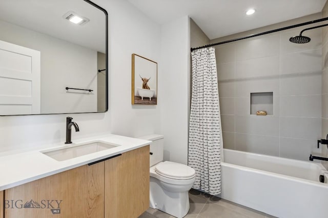 1492 Windrow Dr, Bozeman, MT 59718 - bathroom featuring vanity, shower / bathtub combination with curtain, and tile patterned floors