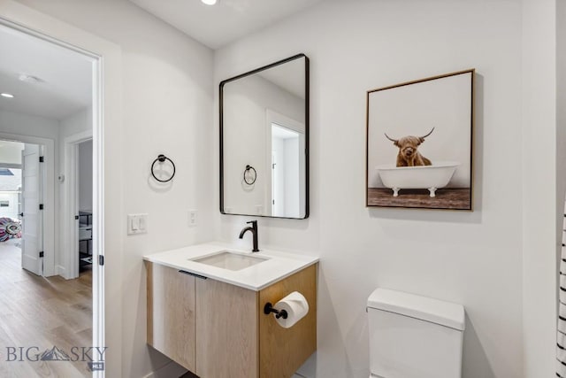 1492 Windrow Dr, Bozeman, MT 59718 - bathroom with vanity, wood finished floors, and recessed lighting