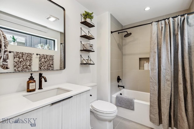 1492 Windrow Dr, Bozeman, MT 59718 - full bath with vanity, shower / bath combo, tile patterned flooring, and recessed lighting