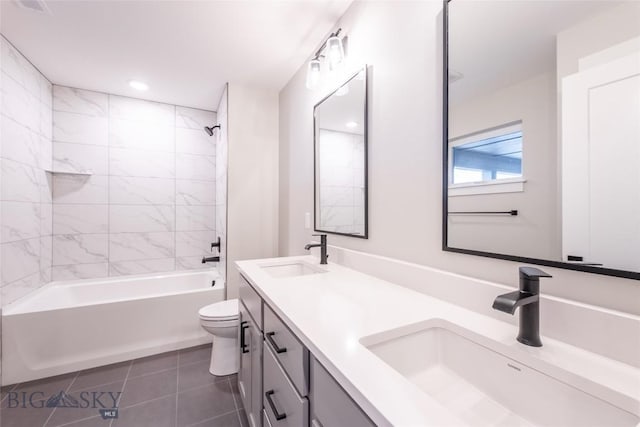 740 Rogers Way Unit A, Bozeman, MT 59718 - full bathroom featuring double vanity, tile patterned flooring, shower / washtub combination, and recessed lighting