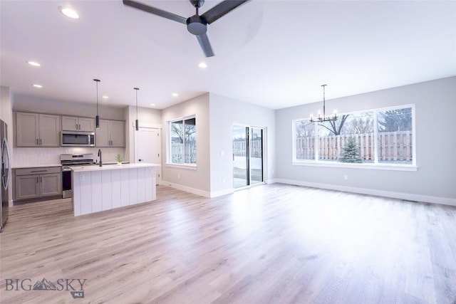 740 Rogers Way Unit A, Bozeman, MT 59718 - kitchen featuring stainless steel appliances, gray cabinetry, a chandelier, light wood-style floors, and ceiling fan