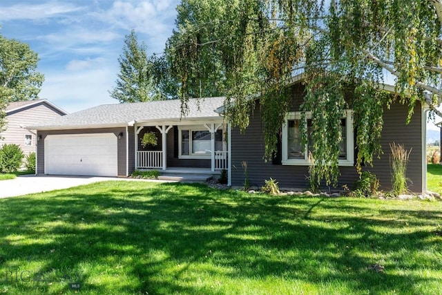 109 Cottonwood St, Manhattan, MT 59741 - ranch-style house featuring covered porch, a garage, a front yard, and concrete driveway