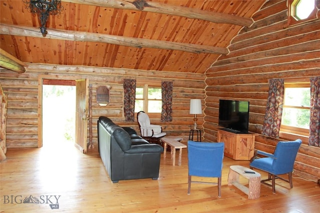 524 Grizzly Meadow Rd, Emigrant, MT 59027 - living area with wood ceiling, hardwood / wood-style flooring, and rustic walls